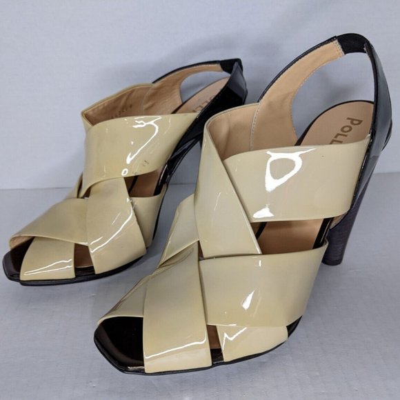 Pollini Womens 7.5 Sandal Vero Cuoio Made Italy Leather Beige Black 4.25" Heel